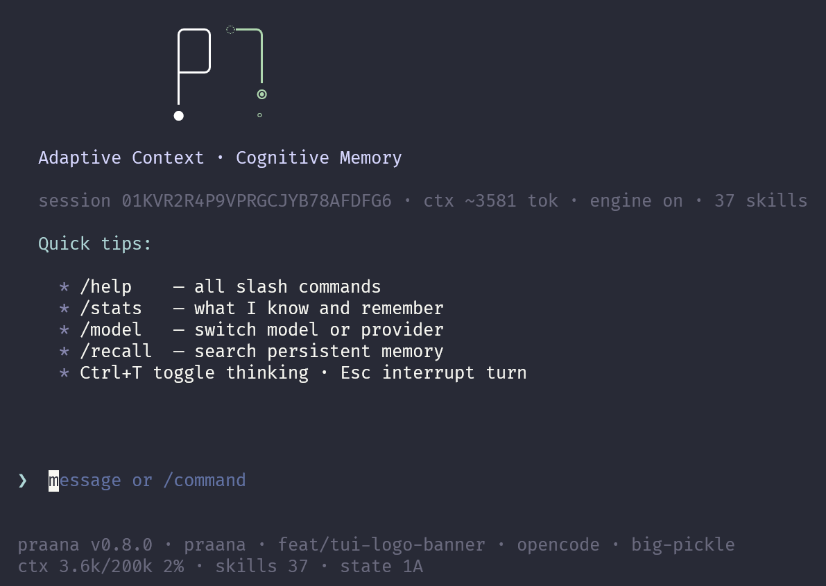 PRAANA terminal — adaptive context and cognitive memory